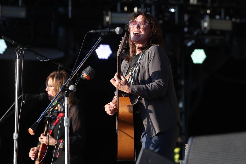Twin sisters Kelley, left, and Kim Deal of The Breeders perform on the Rise Stage on day one of Riot Fest, Friday, Sept. 15, in Chicago.