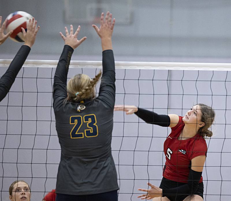 Fulton’s Miraya Pessman hammers a shot against Sterling Saturday, Sept. 30, 2023 during the Sterling Volleyball Invitational held at Challand Middle School.