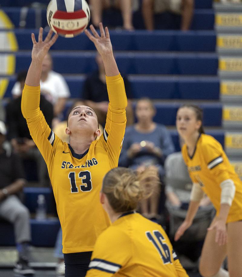 Sterling’s Sydney Giffin sets the ball against Geneseo Tuesday, Sept. 30, 2025.