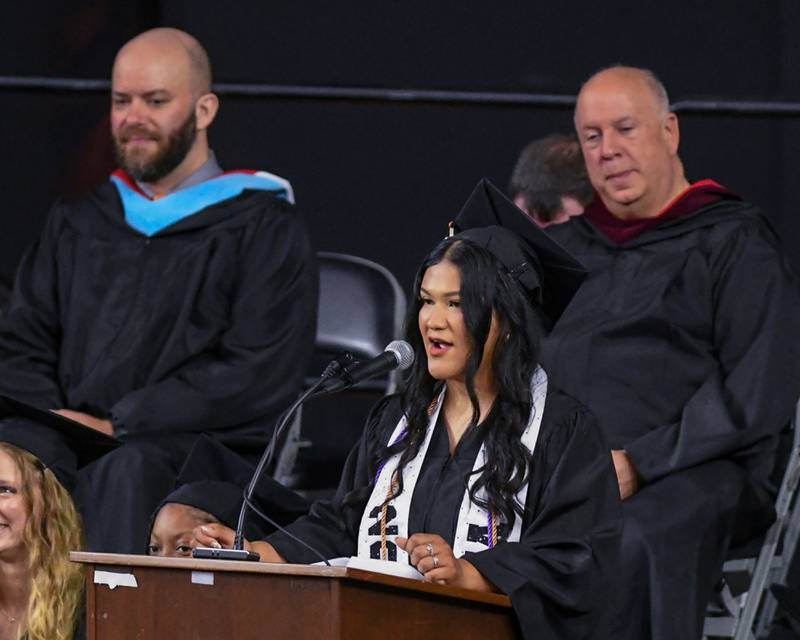 DeKalb High School senior Alex Jimenez gives a commencement address during the graduation ceremony on Saturday May 23, 2026, held at the Convocation Center in DeKalb.
