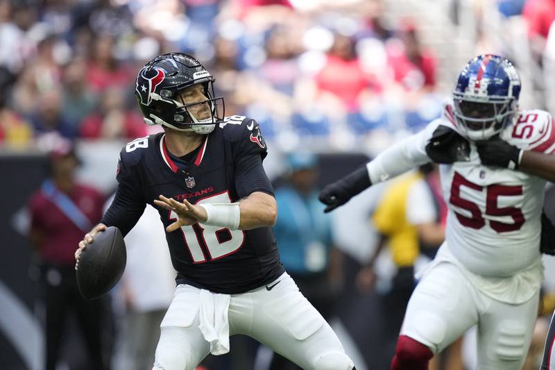 Houston Texans quarterback Case Keenum (18) throws against the New York Giants during an NFL preseason football game Saturday, Aug. 17, 2024, in Houston. (AP Photo/Eric Gay)
