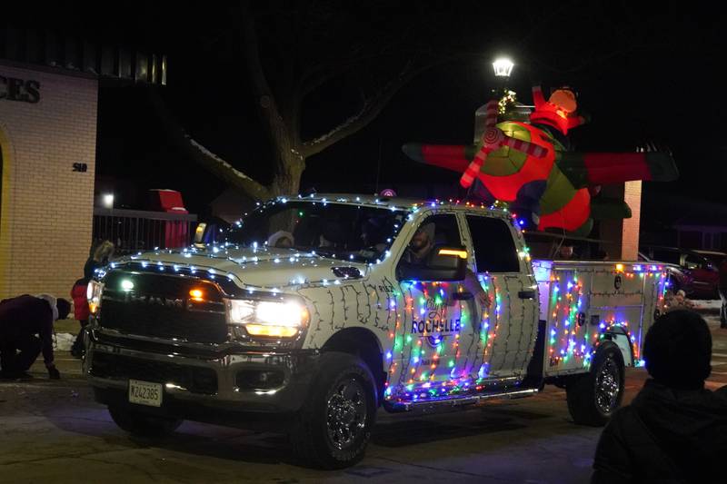 A City of Rochelle truck drives in Rochelle's lighted Christmas parade on Friday, Dec. 5, 2025.
