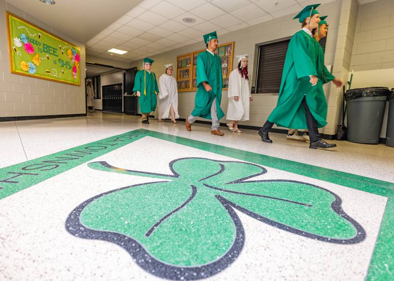 Seneca graduates take their final walk through the school hallway on the way to the gym for their ceremony during the Seneca High School Class of 2026 Graduation on May 17, 2026 at Seneca High School.