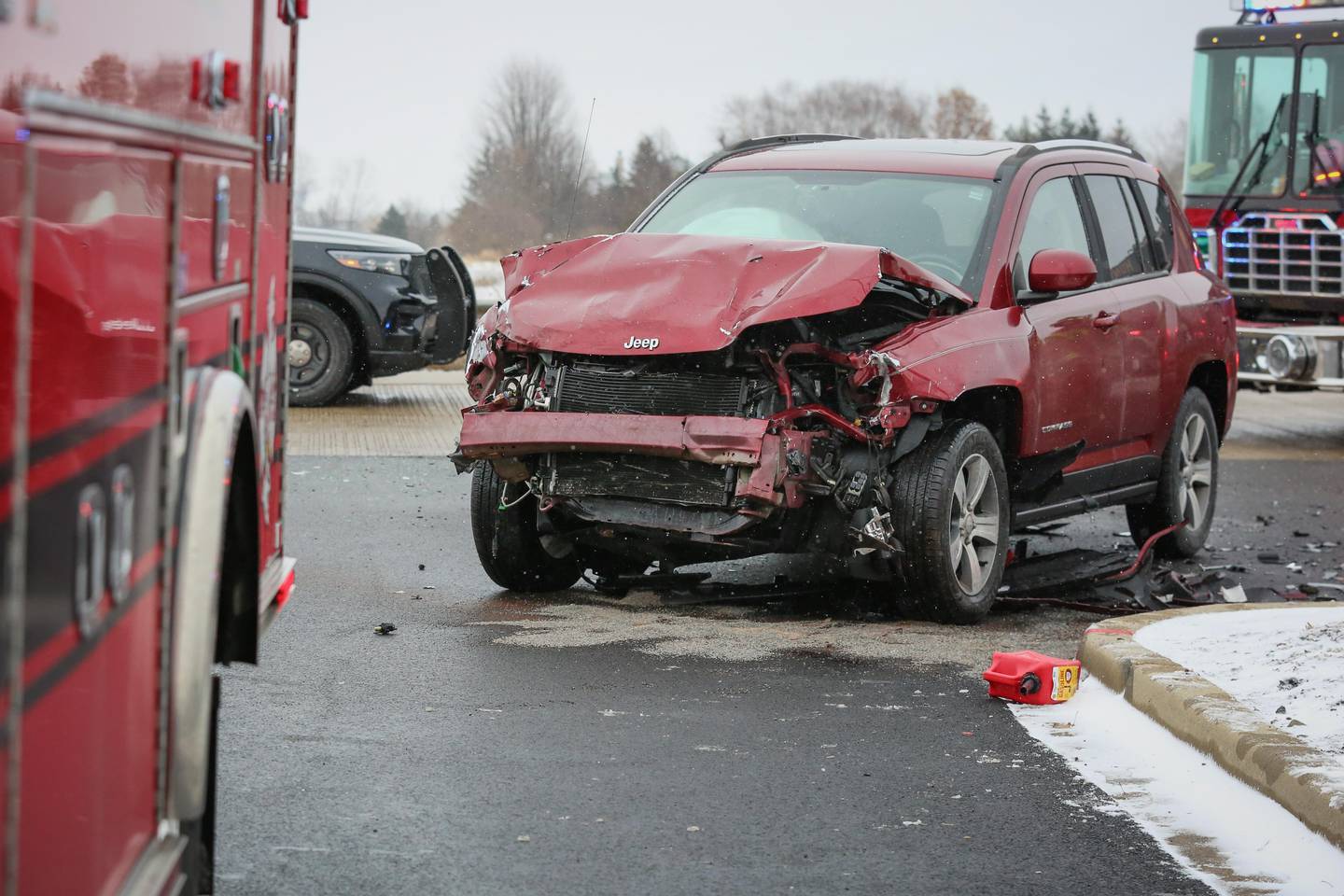 Two people were transported to the hospital with injures following a two-vehicle crash Saturday morning, Dec. 17, 2022 at the intersection of Talamore Boulevard and Route 47 in Huntley, during which one of the vehicles rolled over on its side.