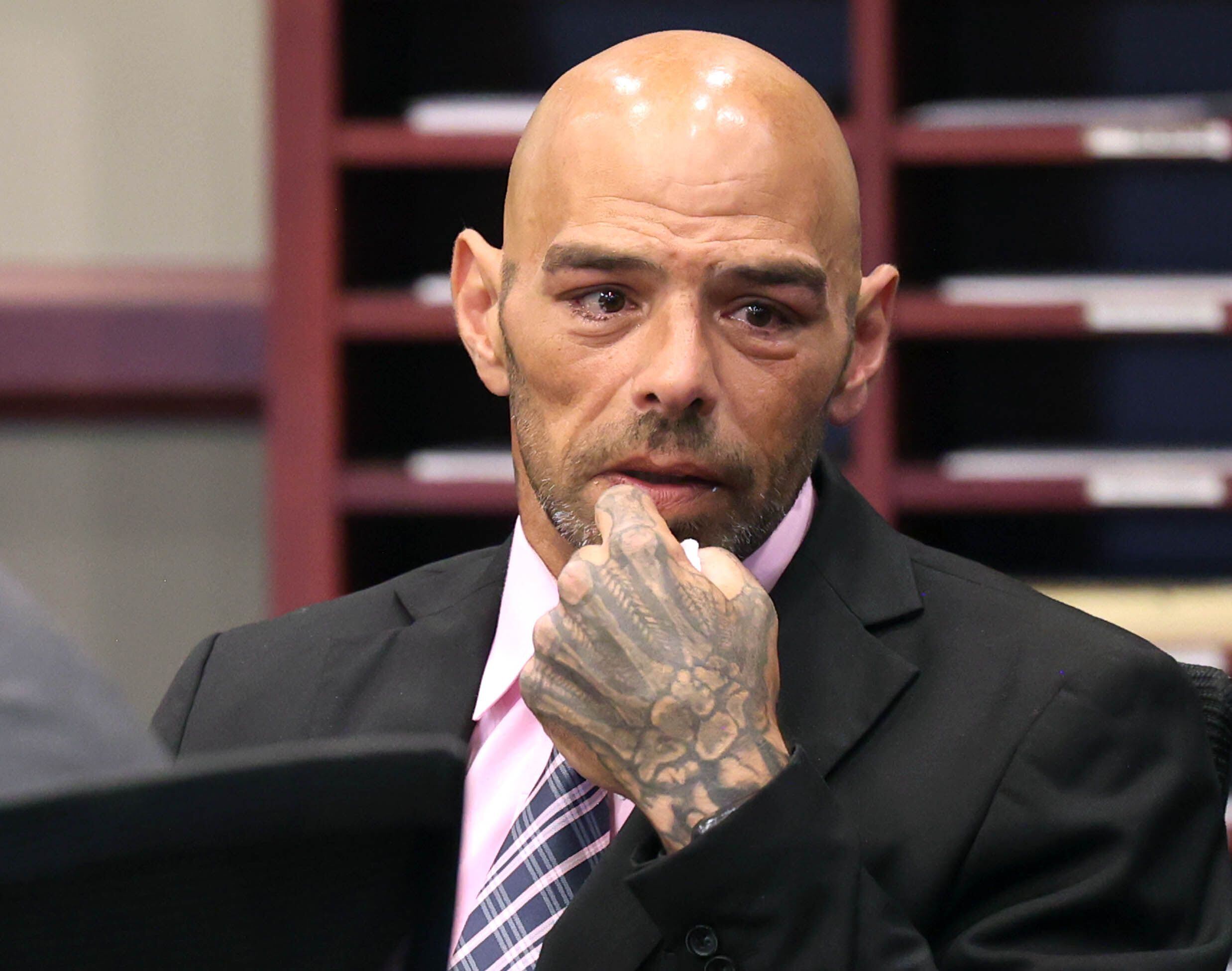 Nathan P. Sweeney, 45, of DeKalb, becomes emotional as he apologizes to Christina Musil’s family and friends Tuesday, Aug. 26, 2025, during his statement of allocution at his sentencing hearing at the DeKalb County Courthouse in Sycamore. Sweeney received 14 years in prison for driving under the influence and causing the 2024 crash that killed sheriff’s deputy, veteran and mother Musil.
