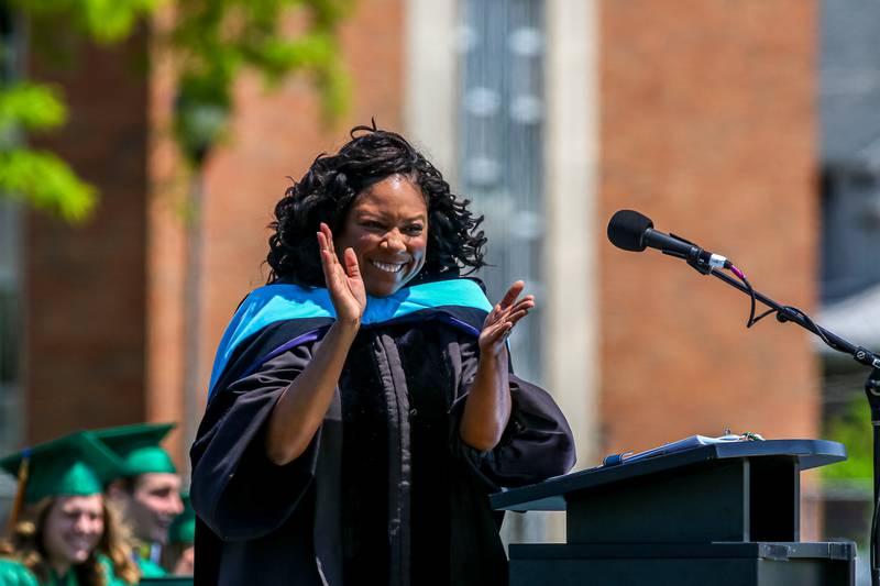 Dr. Keisha Campbell, Superintendent of Elmhurst District 205 gives her address at the York High School Graduation Ceremony. May 21, 2023.