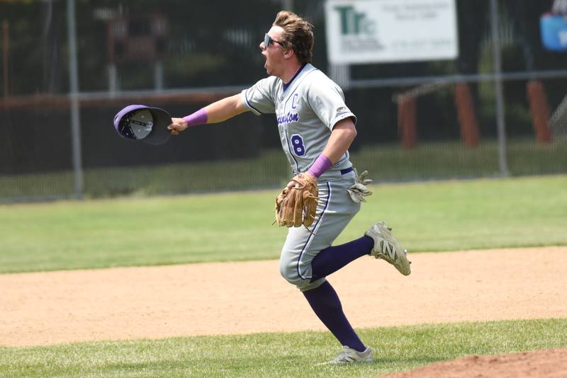 Wilmington's Kyle Farrell joyously runs back to the dugout after the Wildcats got a pickoff at second base to end the bottom of the sixth inning of Saturday's Class 2A Beecher Sectional championship game Saturday, May 31, 2025.