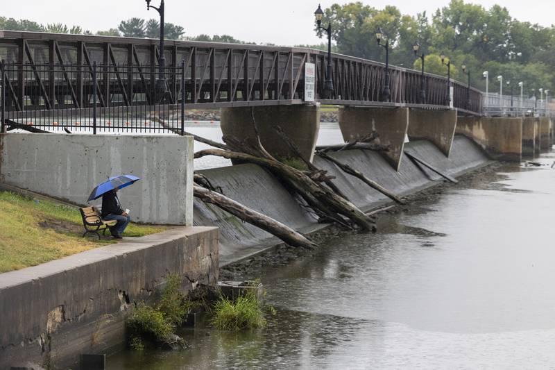 Water levels dipped up to a foot upstream from the Upper Dam Monday, Sept. 11, 2023 causing the dam to remain dry and quiet.