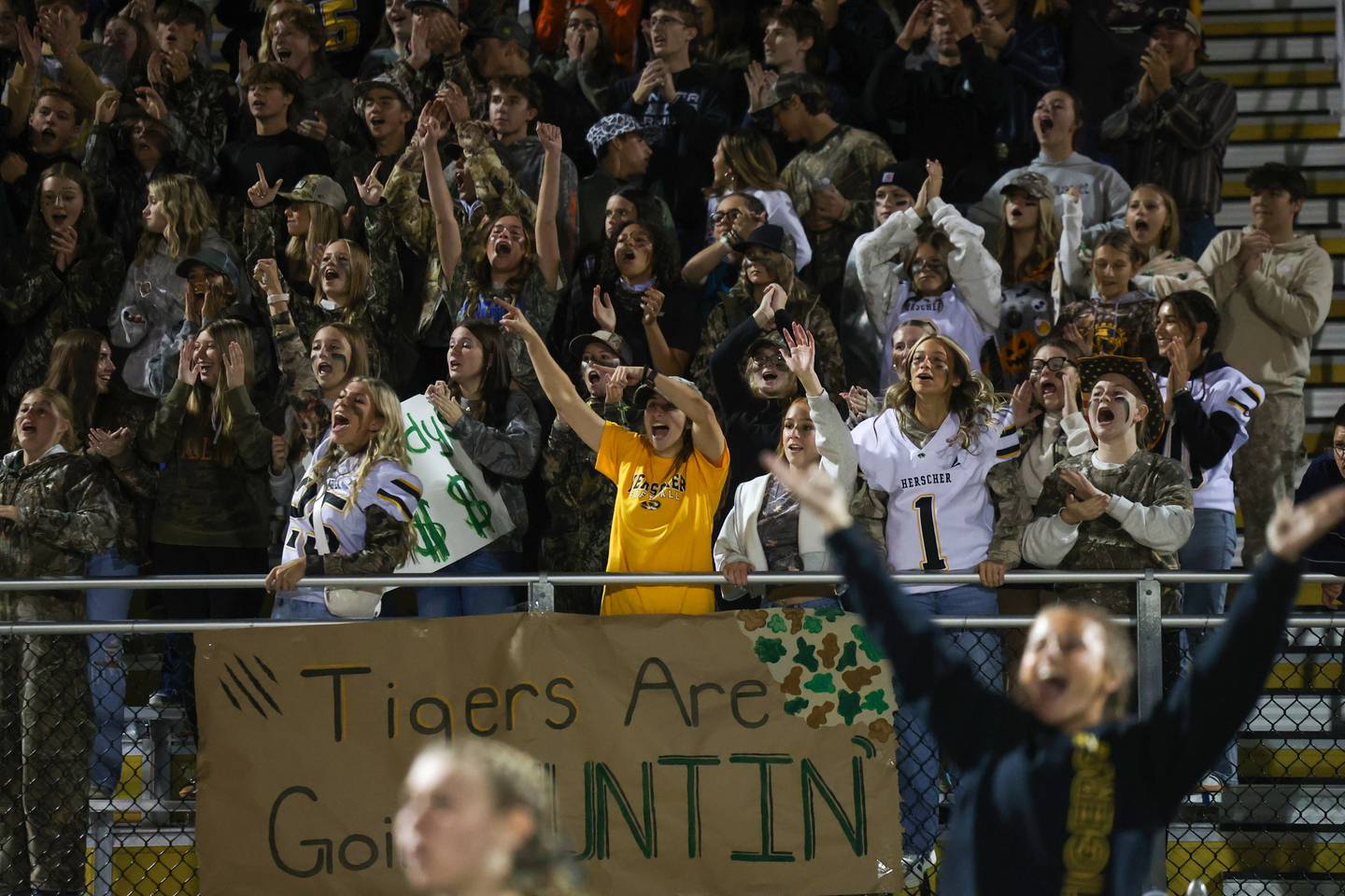 The Herscher fan section cheers during the Tigers' annual rivalry game against Bishop McNamara on Friday, Sept. 5, 2025. The Fightin' Irish would pull ahead to 45-28 victory over the Tigers in the fourth quarter.