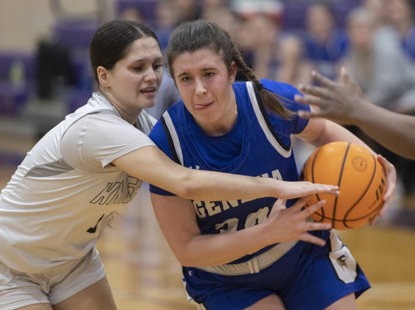 Geneva’s Keira McCann handles the ball against Kaneland’s Dani Ridolfi Monday, Feb. 16, 2026, in the Class 3A regional semifinals.