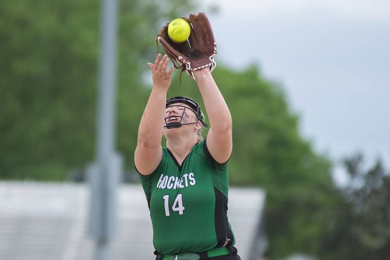 Rock Falls’ Abby Whiles hauls in a pop-up against Oregon in the regional final Friday, May 20, 2022.
