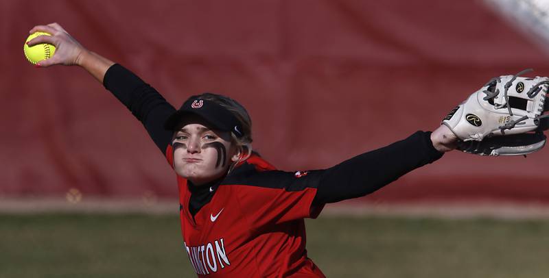 Barrington’s Allie Goodwin throws a pitch during a non-conference softball game Friday, April 1, 2022, between McHenry and Barrington at Barrington High School.