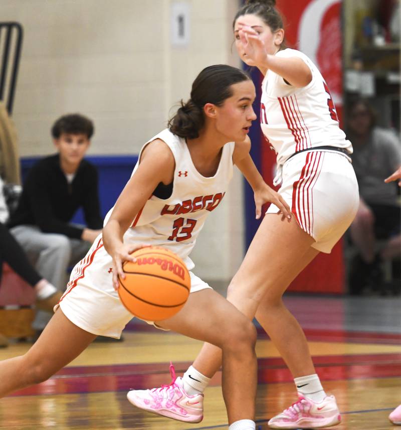 Oregon's Sarah Eckardt (13) drives to the basket against Aurora Christian at the Oregon Girls Tip-Off Tournament on Friday, Nov. 21, 2025 in Oregon.