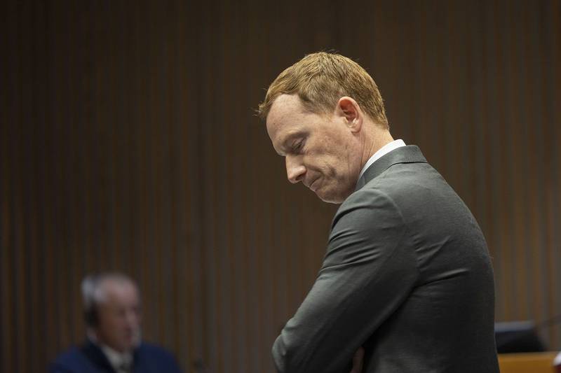 Plaintiff attorney Michael Gallagher (foreground) questions former Rock Falls Fire Chief Cris Bouwens Thursday, Nov. 6, 2025, about the 2021 fire that killed Sterling Fire Lt. Garrett Ramos.