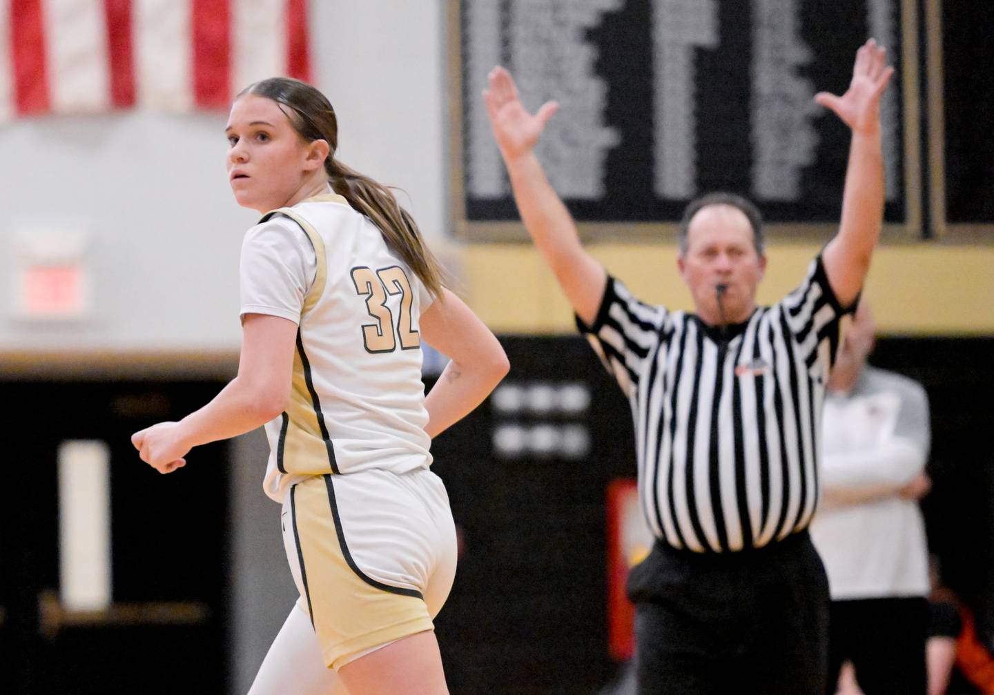 Sycamore's Quinn Carrier (32) looks back after sinking a 3 point basket against Winnebago during a game in Sycamore on Wednesday, Jan. 21, 2026.