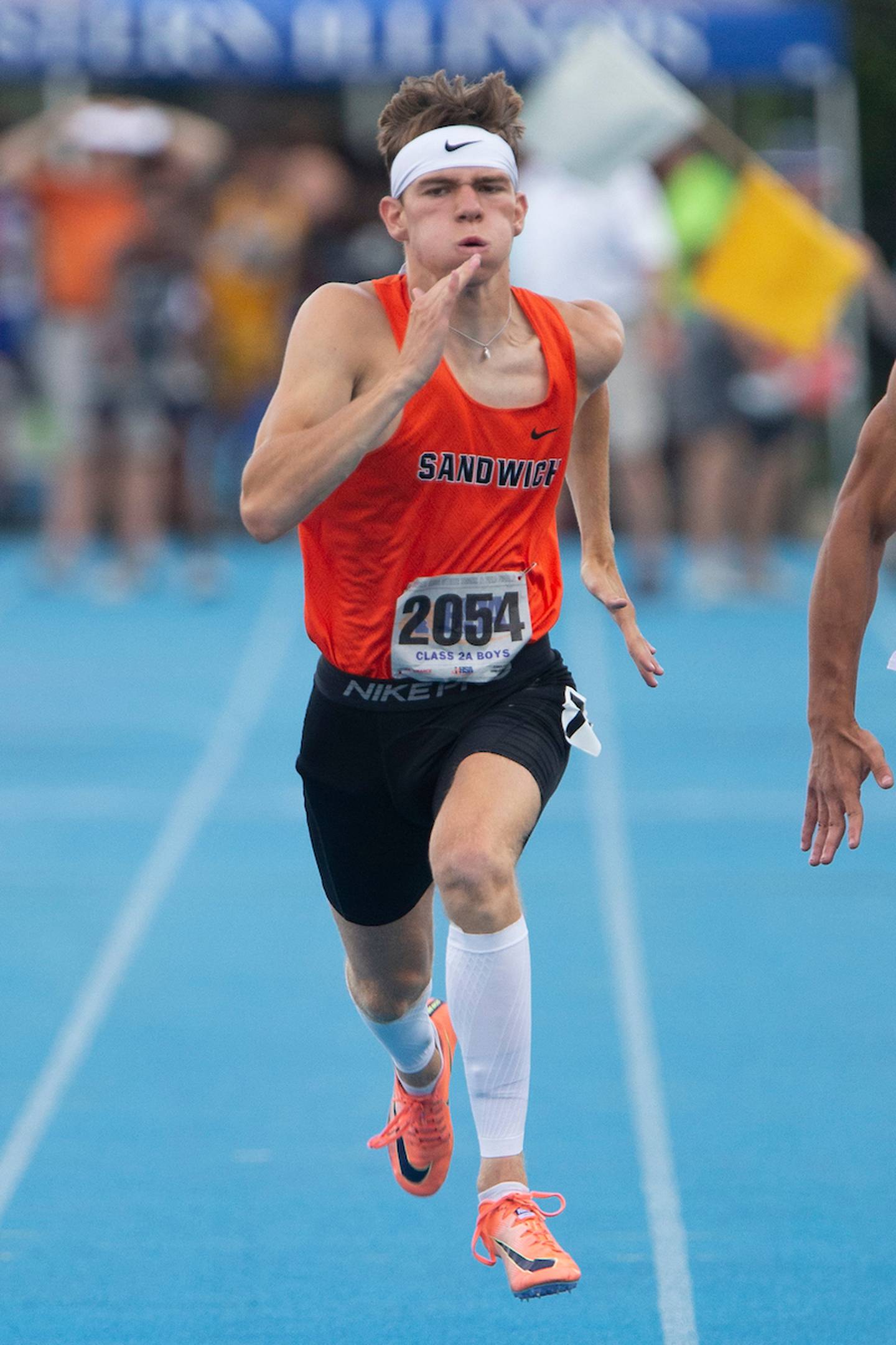 June 18, 2021- Charleston, IL -Sandwich's Michael Marrs competes in the Class 2A 100-Meter Dash during IHSA Boys State Track and Field Finals. [Photo: Douglas Cottle/PhotoNews]