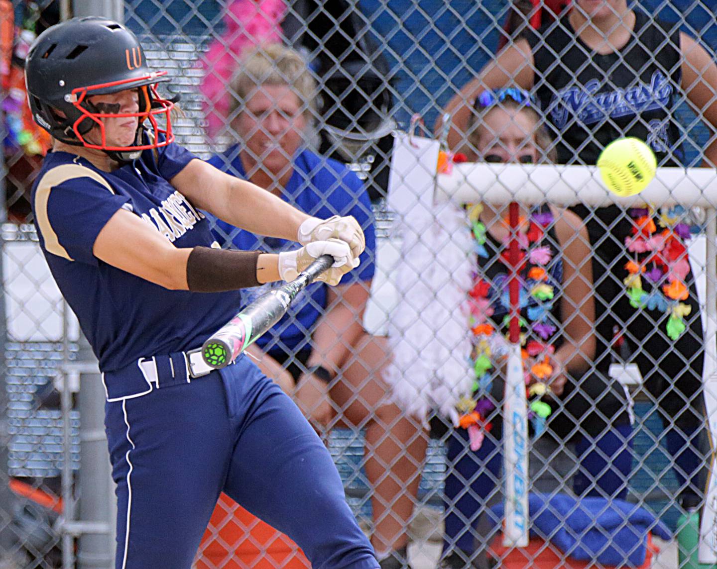 Marquette’s Lindsey Kaufmann smacks a base hit in Thursday's 1A sectional title game at Newark.
