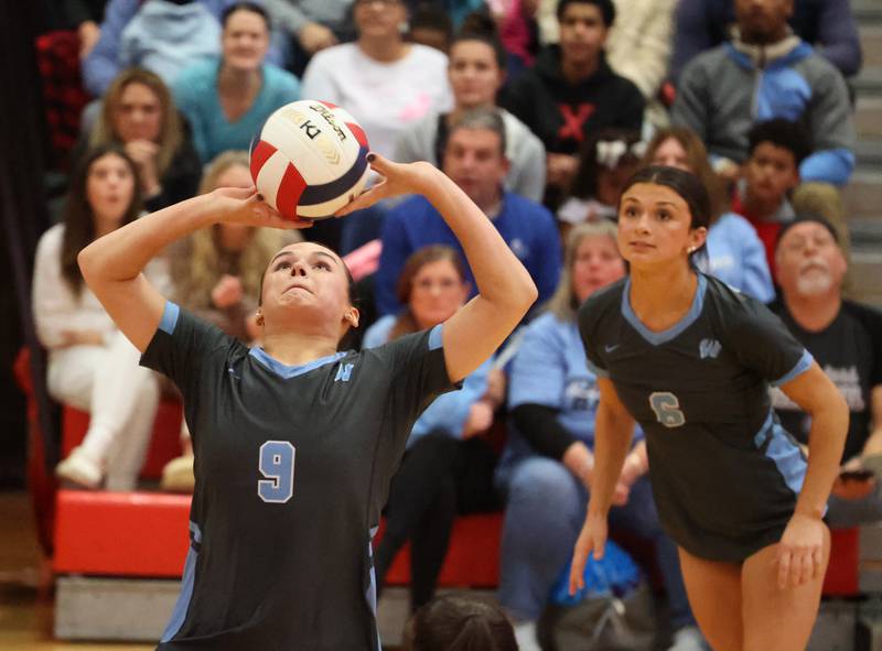 Willowbrook’s XXXX (XX) against Oak Park-River Forest’s XXXX (XX) during the 4A girls varsity volleyball sectional final match at Hinsdale Central high school on Wednesday, Nov. 1, 2023 in Hinsdale, IL.