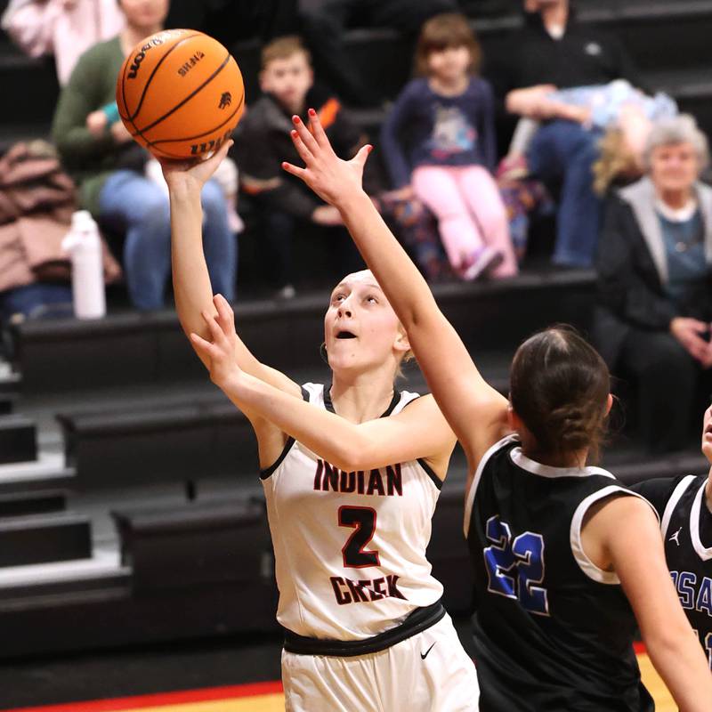 Indian Creek's Gretta Oziahgets shoots over Rosary's Kayla Shimp Tuesday, Feb. 10, 2026, during their game at Indian Creek High School in Shabbona.