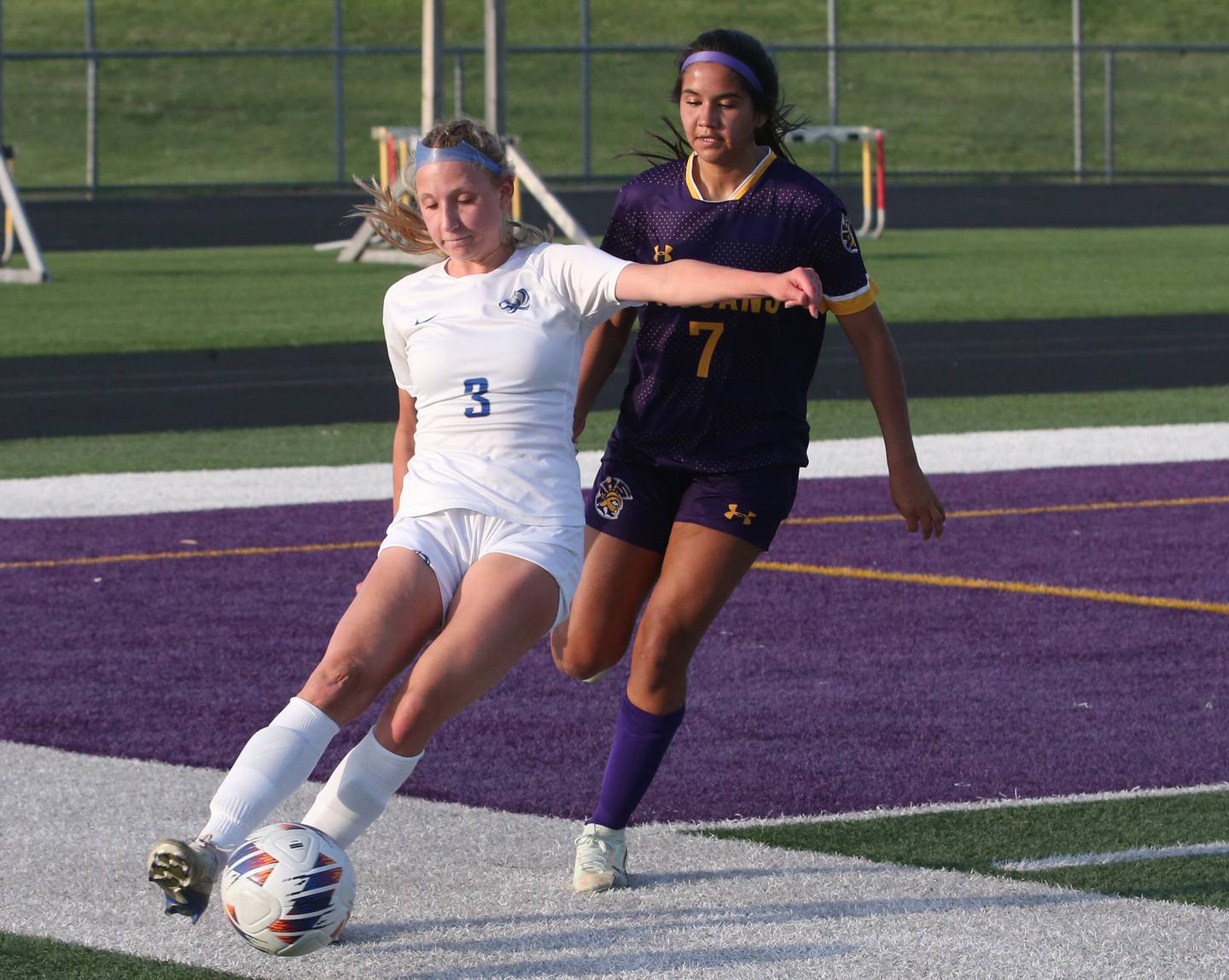 Princeton's Chloe Ostrowski keeps the ball away from Mendota's Crystal Garcia during the Class 1A Regional semifinal game on Tuesday, May 9, 2023 at Mendota High School.