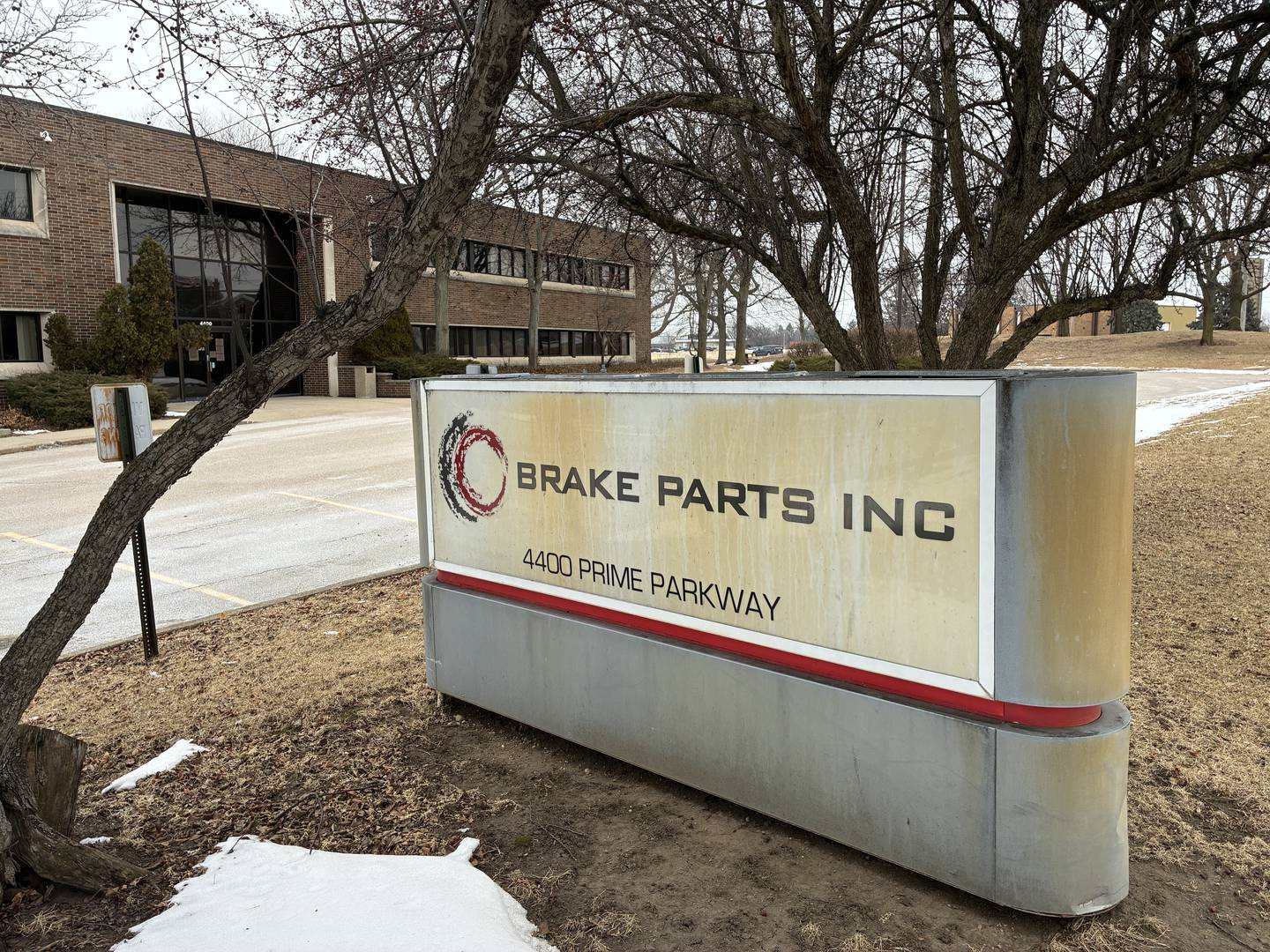 The main Brake Parts Inc. building on Thursday, Feb. 5, 2026. The campus, at 4400 Prime Parkway, 1100 Corporate Drive and 1380 Corporate Drive, includes 267,000-square-feet and shuttered for good this week.