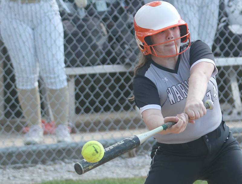 Woodland/Flanagan-cornell's Brittany Rustman makes contact on the ball against St. Bede on Monday, April 29, 2024 at St. Bede Academy.