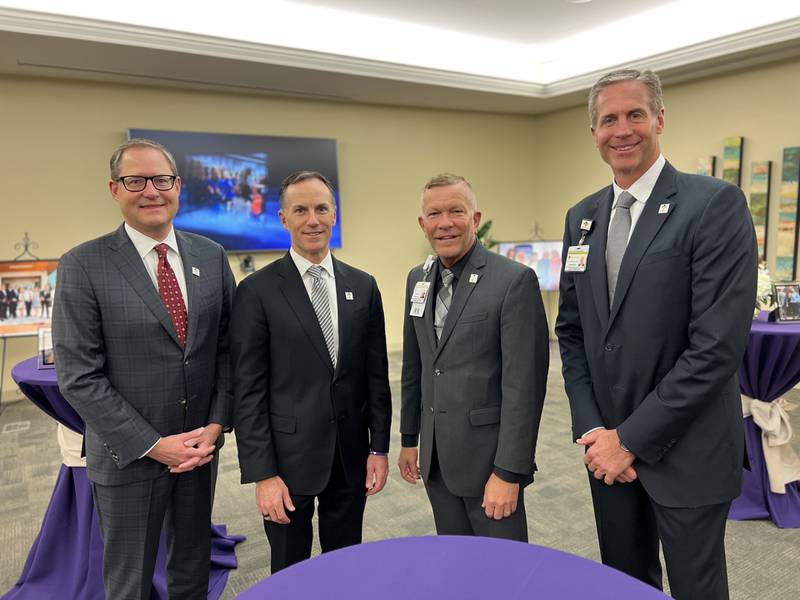 Ruth Colby was chair-elect of the Illinois Health and Hospital Association (IHA); she would have taken over as chair in January 2024. Pictured at Colby's memorial on Friday, Nov. 3, 2023, at Silver Cross are, from left, are A.J. Wilhelmi, IHA president and CEO; J.P. Gallagher, chair of the IHA board of directors and president and CEO, NorthShore University HealthSystem; Michael Mutterer, interim Silver Cross Hospital president and CEO; and Scott Paddock, Silver Cross senior vice president of external affairs.