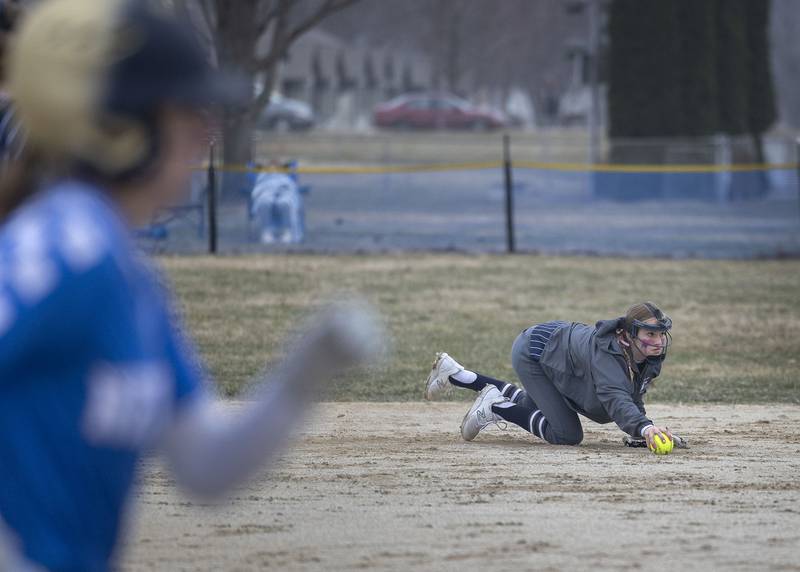 Annawan-Wethersfield’s Elaina Manuel scrambles to make a play against Newman Wednesday, March 22, 2023.