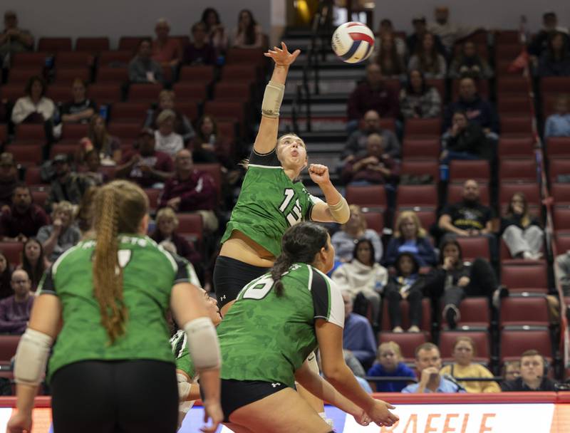 Rock Falls’ Claire Bickett hammers a shot against Breese Mater Dei in the 2A state semifinal Friday, Nov. 10, 2023 at CEFCU Arena in Normal.