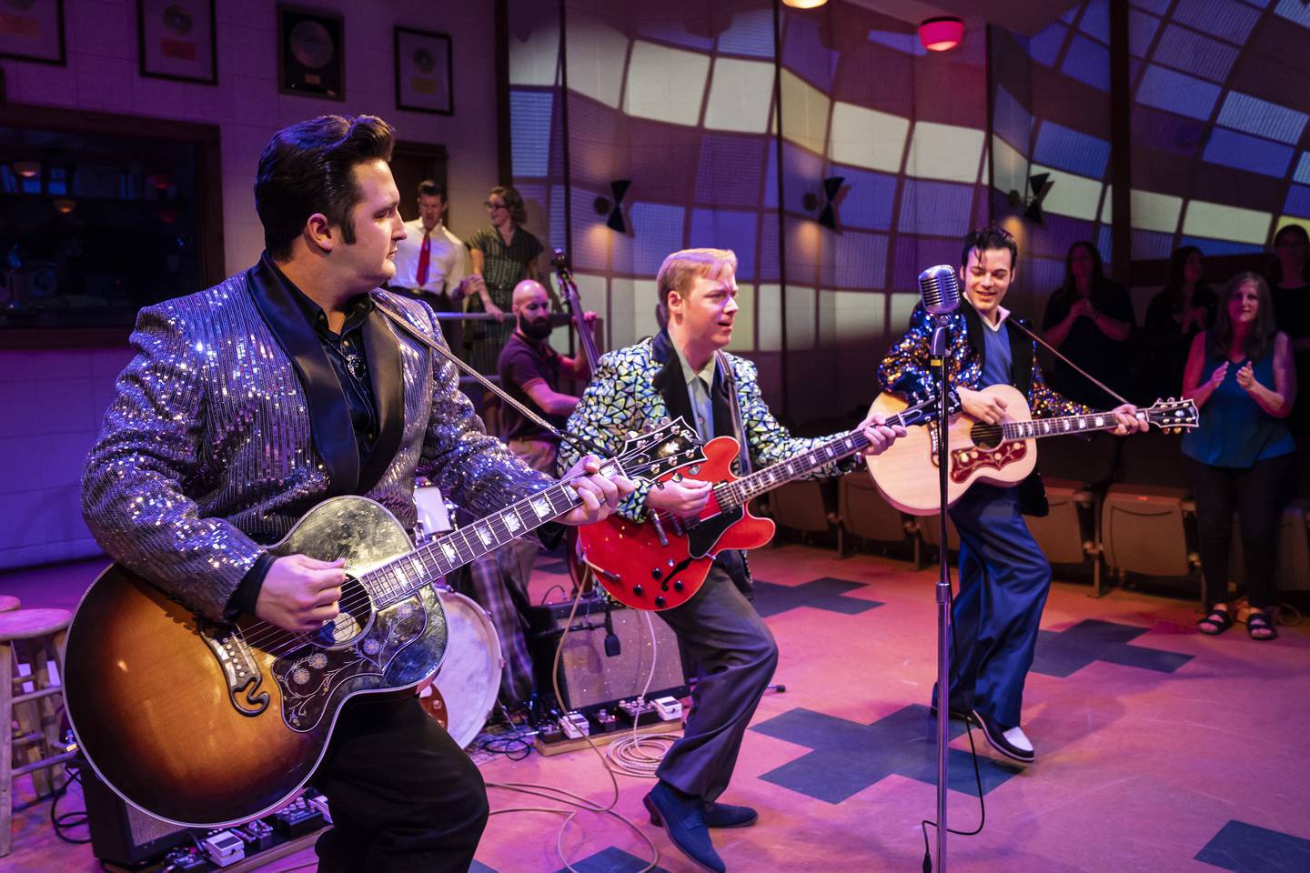(from left) Bill Scott Sheets plays Johnny Cash, Christopher Wren is Carl Perkins and Alex Swindle plays Elvis Presley in Million Dollar Quartet, the inaugural production at Paramount Theatre’s new Stolp Island Theatre, 5 E. Downer Place, Suite G, in downtown Aurora. Performances have already been extended through December 29, 2024 due to popular demand. Tickets: paramountaurora.com or (630) 896-6666. Credit: Liz Lauren