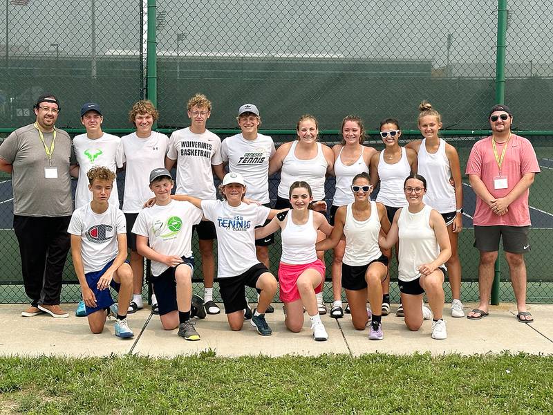 The Westwood Tennis Center’s Junior Team Tennis program had two teams qualify for the Midwest Sectional Championship, as the 18U and 14U teams played July 14-16 in Indianapolis. The teams consisted of players from various area high schools, including Dixon, Sterling, Newman, LaSalle-Peru and Geneseo. Back row, from left: assistant coach AJ Segneri, Logan Palmer (Newman HS), Brecken Peterson (Sterling HS), Andrew Bollis (L-P HS), Alex Slaymaker (Geneseo HS), Ellie Aitken (Sterling HS), Carlie Miller (L-P HS), Addison Arjes (Dixon HS), Grace Ferguson (Dixon HS), and head coach Jake Lipka. Front row, from left: Aron Rivera (Challand MS), Joel Rhodes (Newman HS), Micah Peterson (Challand MS), Jenna Mustapha (Reagan MS), Brooklyn Arjes (Dixon HS) and Rachel Lance (Dixon HS).
