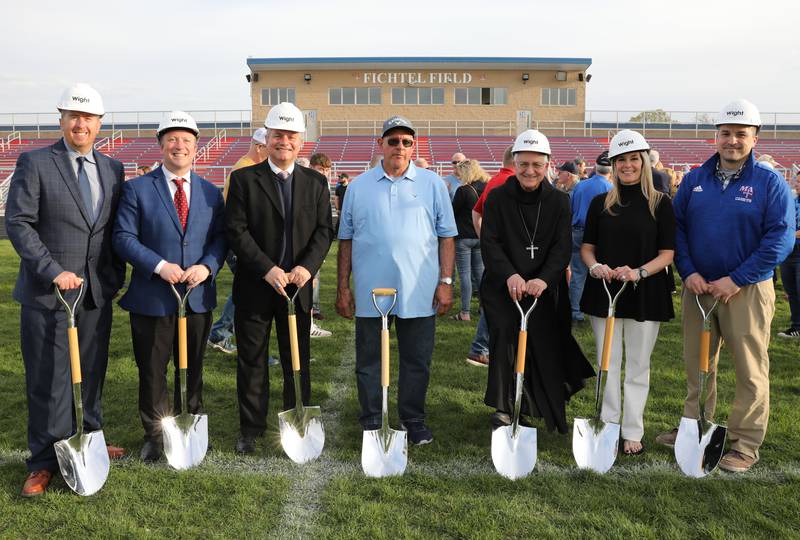 Pictured left to right: Joseph Large ’97, principal; Andrew Damato ’01, assistant principal of operations and technology; Anthony Tinerella ’84, president of Marmion Academy; Mark Regole, son of Ed Regole; Rt. Rev. John Brahill, OSB ’67, Abbot; Kathleen Hausmann, executive director of advancement; and Paul Chabura, athletic director.