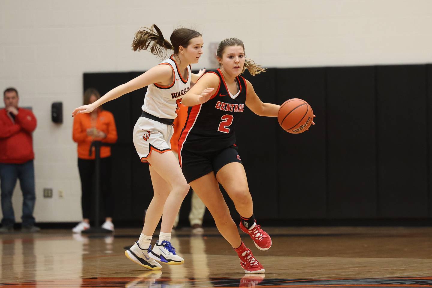 Lincoln-Way Central’s Gracen Gehrke works the ball upcourt against Lincoln-Way West on Tuesday, February 7th..