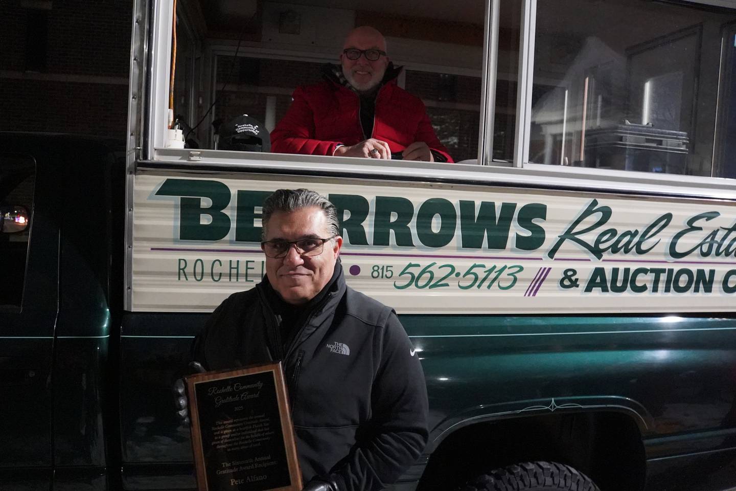Pete Alfano receives the Rochelle Gratitude Award from Mayor John Bearrows at Rochelle's annual Old Fashioned Christmas Walk on Friday, Dec. 5, 2025.