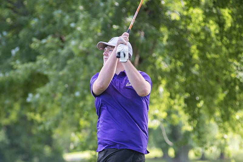 Dixon’s Sage Magnafici watches his tee shot on #4 Thursday, August 11, 2022 at Timber Creek.