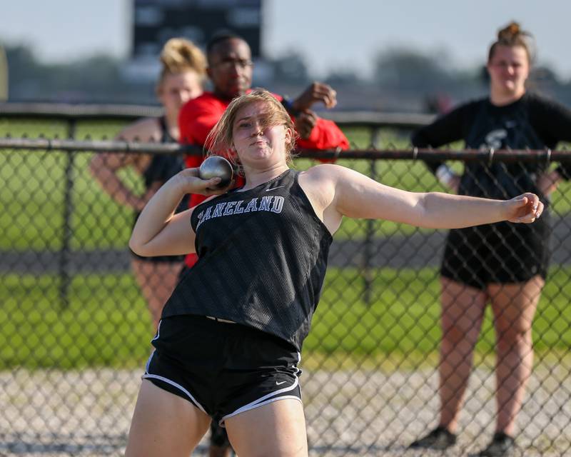 Kaneland's Olivia Rohlman competes in the shot put during the Interstate Eight conference meet at Plano High School.  May 9.2022.