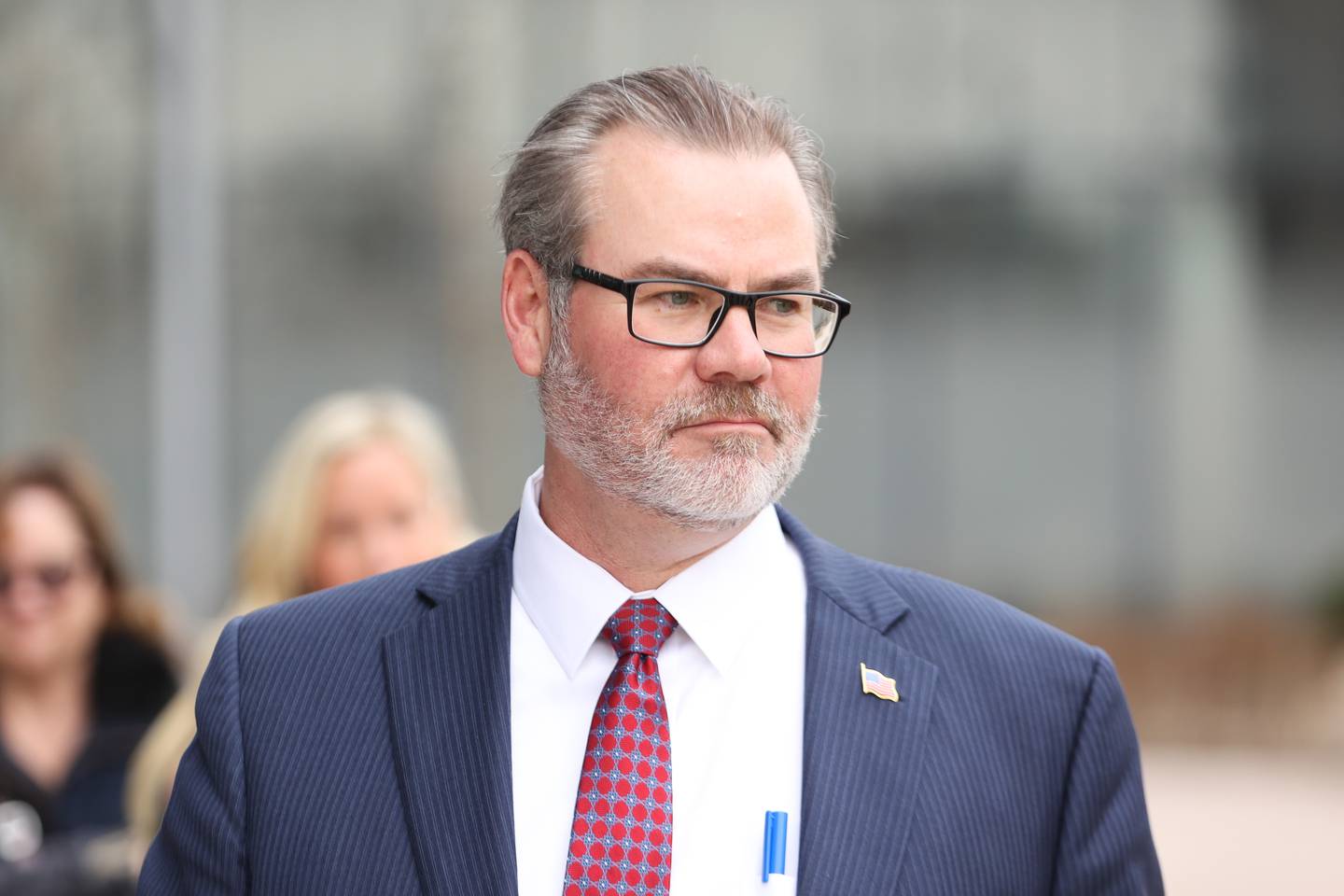 Robert Bodach, defense attorney for Edward Goewey stands outside Will County Courthouse during a press conference. Edward Goewey, a Will County sheriff’s deputy currently on medical leave, is being charged with disorderly conduct accusing him of disturbing Mokena school officials when he insisted on the removal of a student he believed made a shooting threat at St. Mary Catholic school. Monday, April 11, 2022, in Joliet.