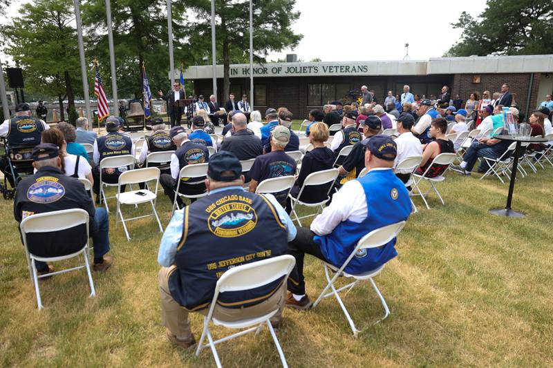 Over a hundred people attended a special Flag Day ceremony dedicating a memorial to remember the 28 World War II Submarines that traveled through Joliet on their way to the Pacific theater in Bicentennial Park on Wednesday, June 14, 2023 in Joliet.