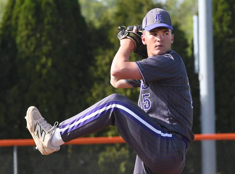Dixon's Daniel Fordham pitches against Byron during a Big Northern Conference game in Byron on Monday, May 11, 2026.