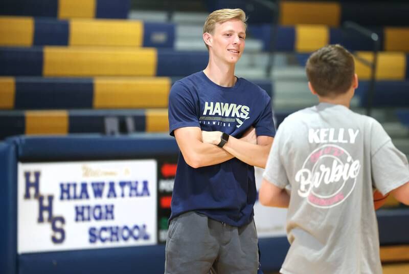 Hiawatha basketball head coach Matthew Montavon, who is heading into his second year at the helm, talks to one of his players during practice Thursday, June 13, 2024 at the school in Kirkland.