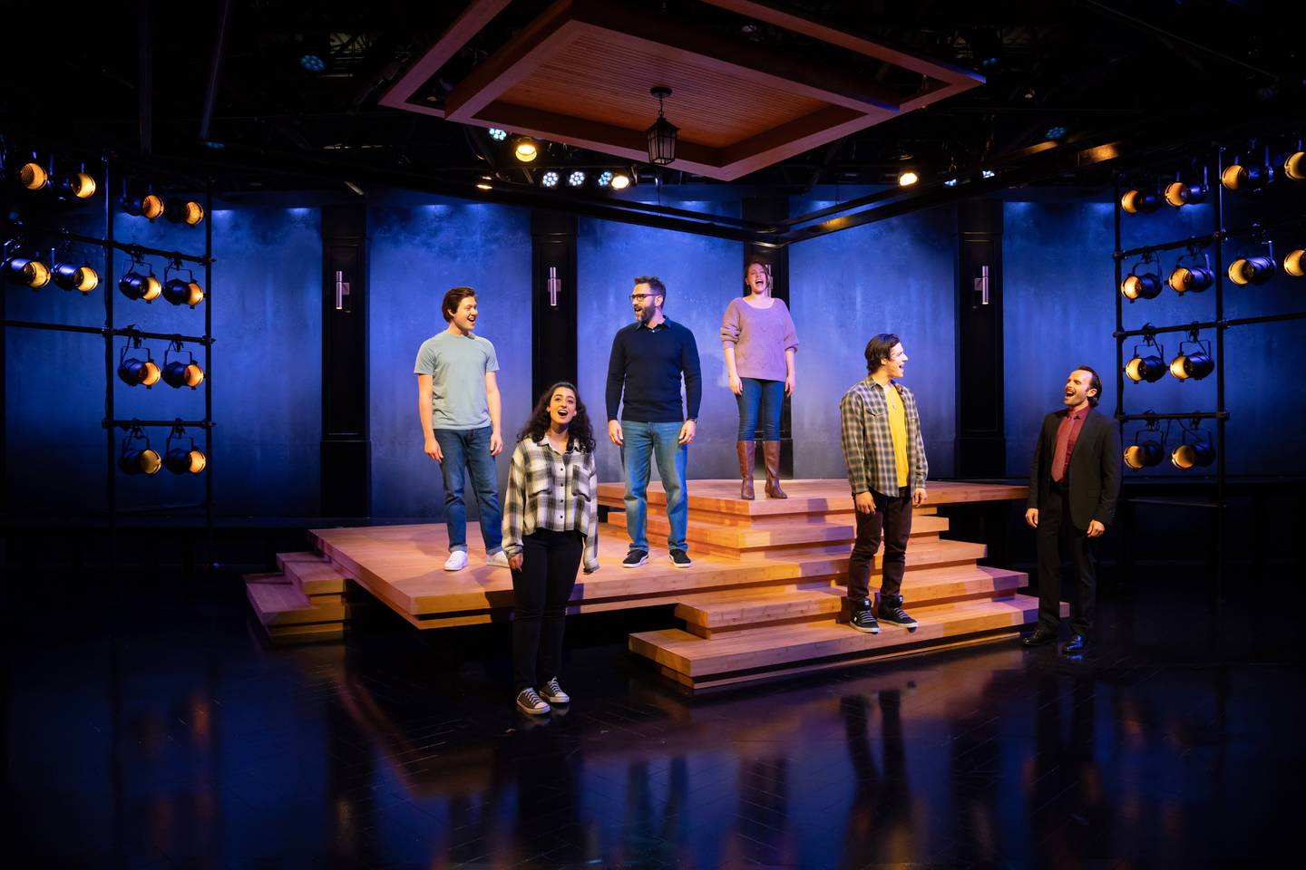 Paramount’s 2023-24 BOLD Series opener Next to Normal stars (front, from left) Angel Alzeidan as Natalie, Jake DiMaggio Lopez as Henry, Devin DeSantis as Dr. Fine/Dr. Madden, (back, from left) Jake Ziman as Gabe, Barry DeBois as Dan, and Donna Louden as Diana. Jim Corti directs. Performances are July 26-September 3, 2023 at Paramount’s Copley Theatre, 8 E. Galena Blvd. in downtown Aurora. Tickets: paramountaurora.com or (630) 896-6666. Credit: Liz Lauren