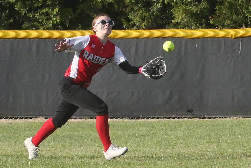 Earlville's Savannah Majestic misses a catch in the outfield against Newark during the Class 1A Regional final on Thursday, May 22, 2025 at Indian Creek High School in Shabbona.