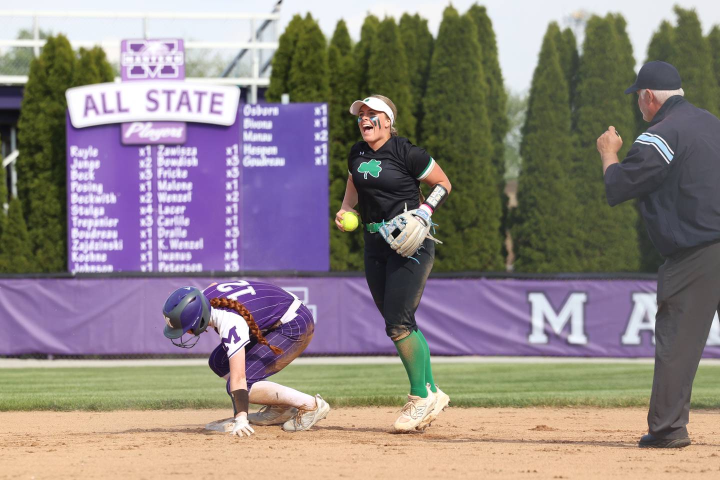 Seneca's Emma Mino celebrates tagging Manteno's Savanna Watkins out at second base during Seneca's 11-1 victory over Manteno on Friday, May 8, 2026.