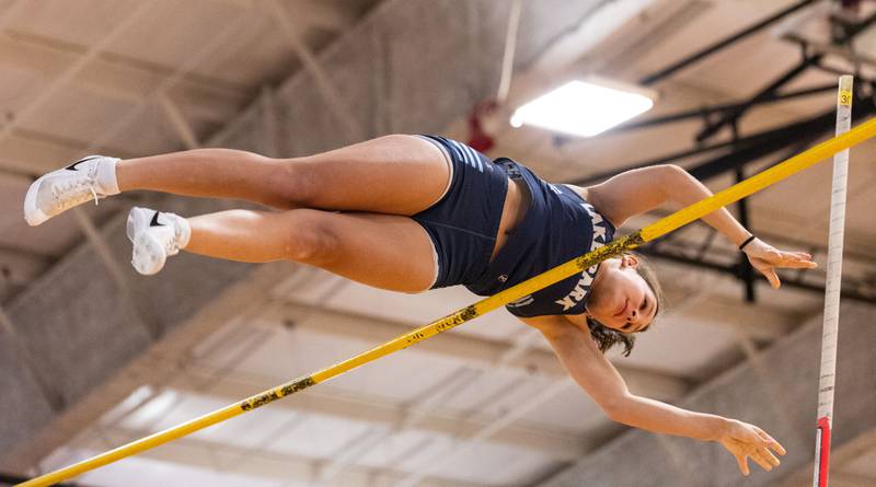 Lake Park’s Jessica Popko participates in the pole vault event during the Girls Track and Field DuKane Conference Meet at Batavia High School on Saturday, March 22, 2025.