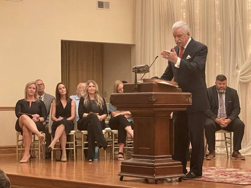 Will County State’s Attorney James Glasgow speaks to attendees at the graduation ceremony for the county's problem solving court on Sept. 7, 2023.