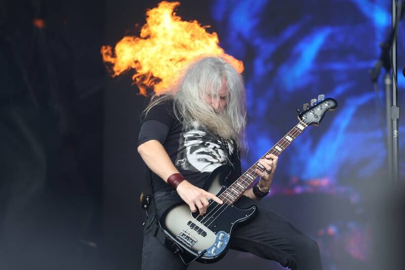 Troy Sanders of Mastodon performs at Riot Fest on Sunday, Sept. 22, 2024 in Chicago.