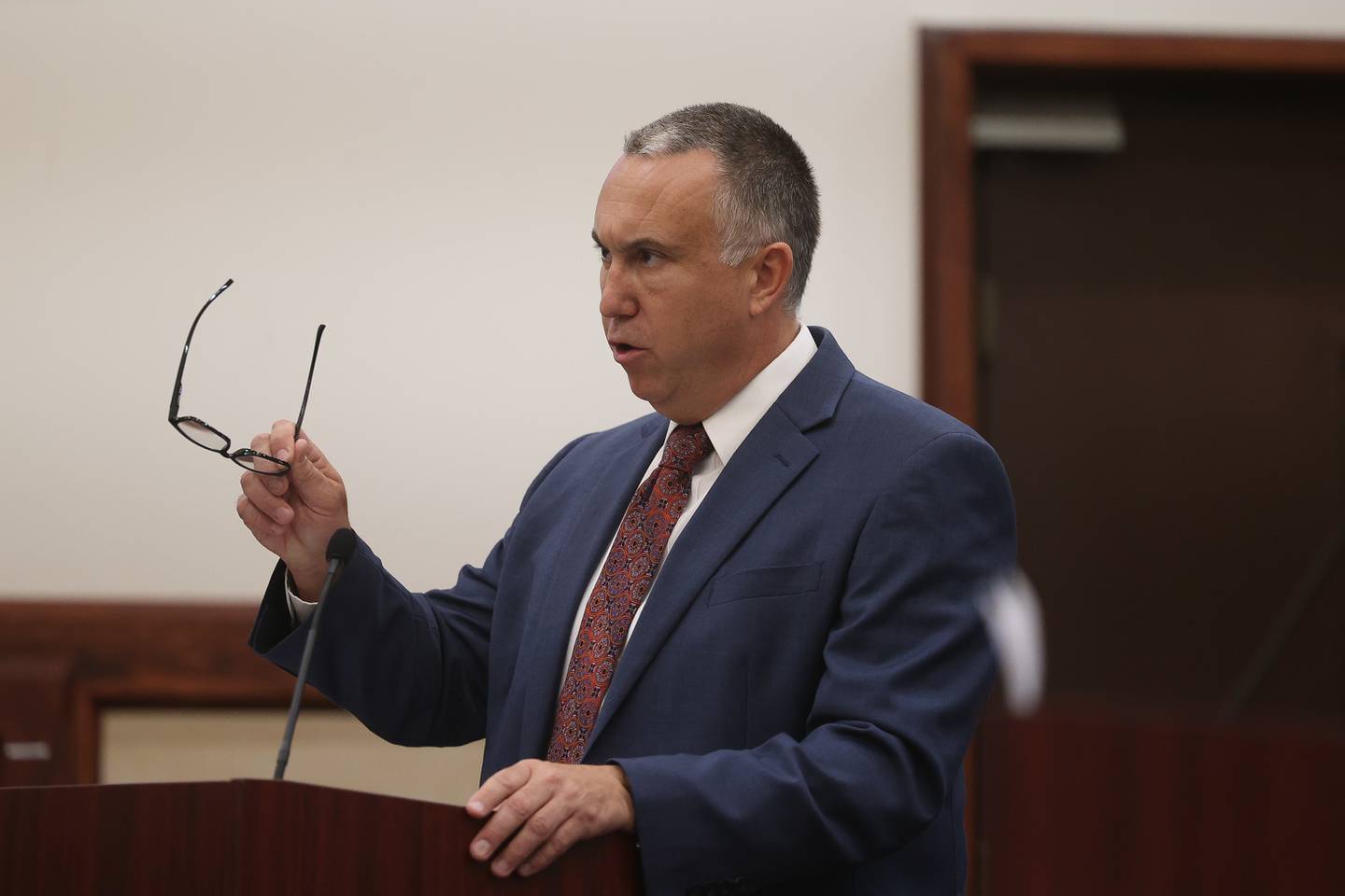 Kendall County State’s Attorney Eric Weis speaks to the judge at a pre-trial hearing for retired Joliet police sergeant Javier Esqueda at the Kendall County courthouse on Tuesday, July 9, 2024 in Yorkville. Esqueda is charged with official misconduct for accessing and leaking the police squad video of the arrest of Eric Lurry, 37, who died following his arrest on drug charges in January 2020.
