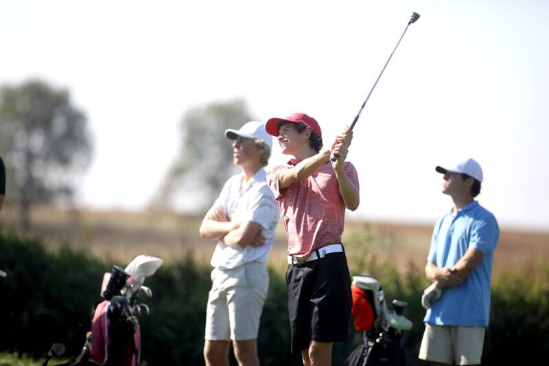 Batavia’s Adam Warner tees off during the Class 3A Plainfield North Boys Golf Sectional at Whitetail Ridge Golf Course in Yorkville on Monday, Oct. 2, 2023.