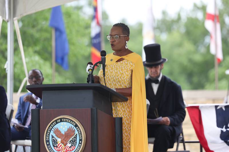 Quincy McCall, Director Abraham Lincoln National Cemetery, speaks at the National Cemetery Administration 50th Anniversary ceremony at the Abraham Lincoln National Cemetery in Elwood on Saturday, July 29.
