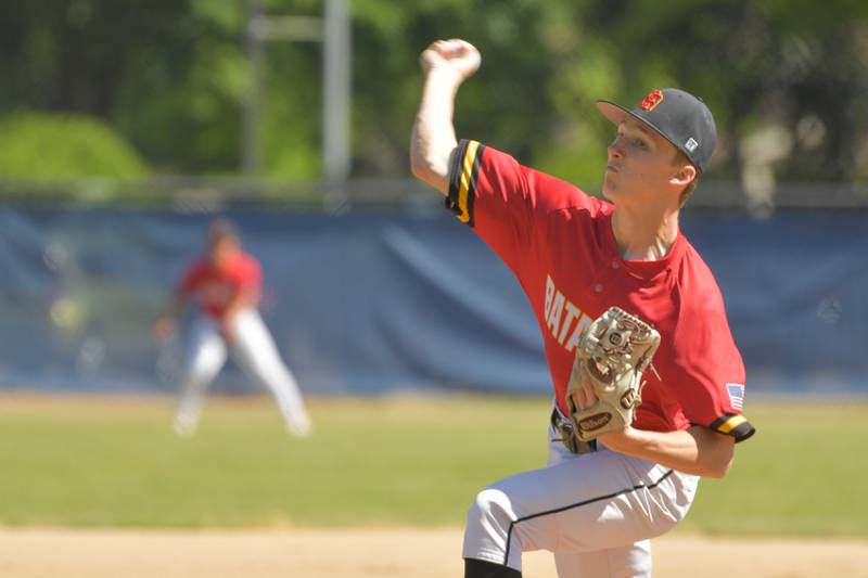 Batavia's Nate Nazos (15) pitches against the St. Charles North during the Geneva Regional Championship on Saturday, May 27, 2023.